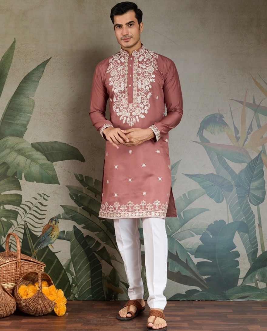 61324-pink - Pastel pink Thread & Sequence Hand Embroidered Men’s Kurta Set